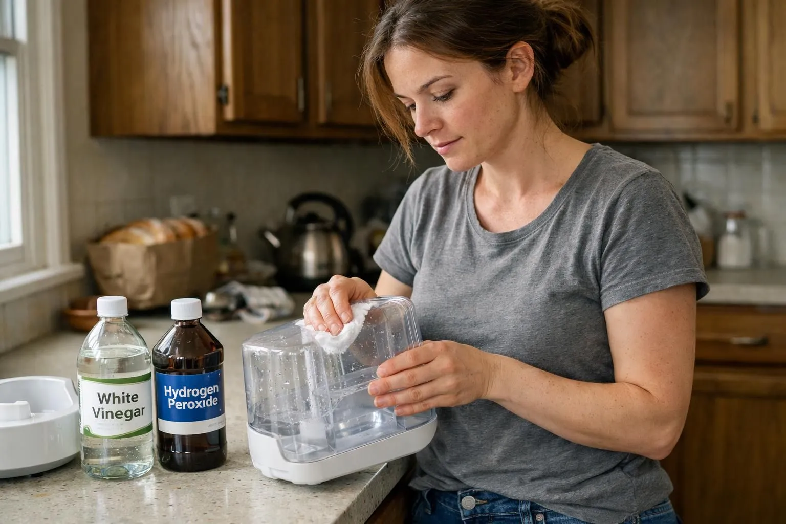 A person cleaning a home humidifier at a kitchen sink.
