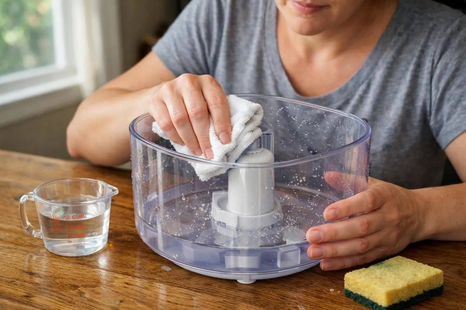 Hands rinsing a humidifier tank at a kitchen sink.