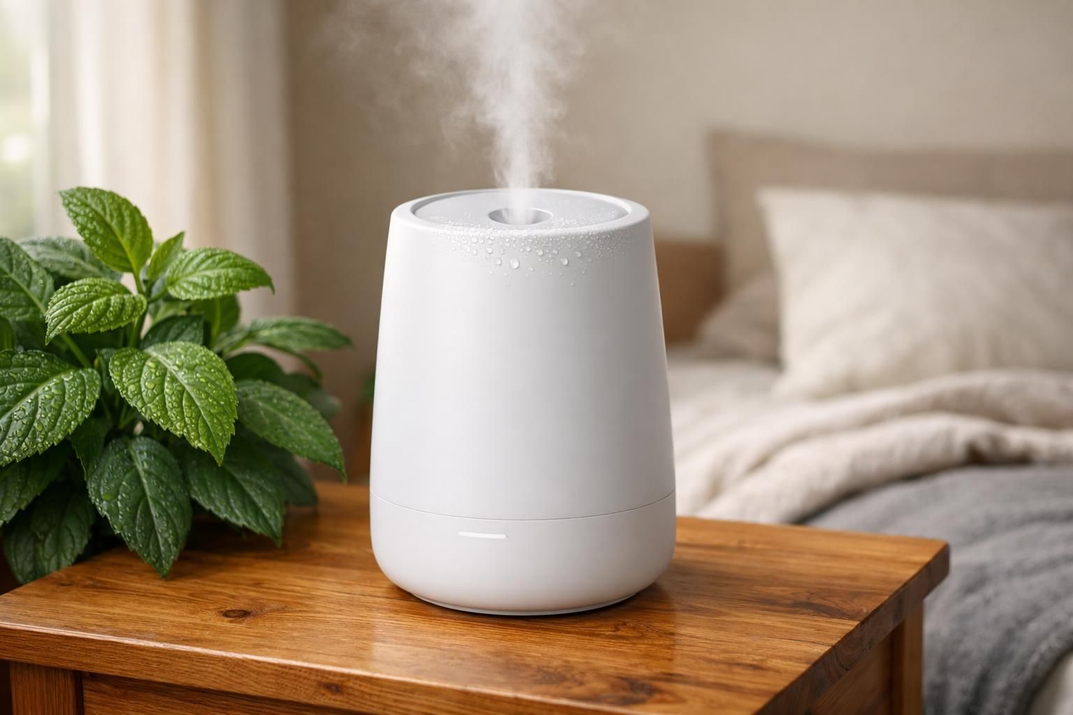 A modern bedside humidifier next to a healthy green houseplant.