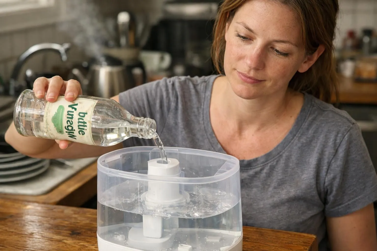 A person pours white vinegar into a humidifier on a kitchen counter.
