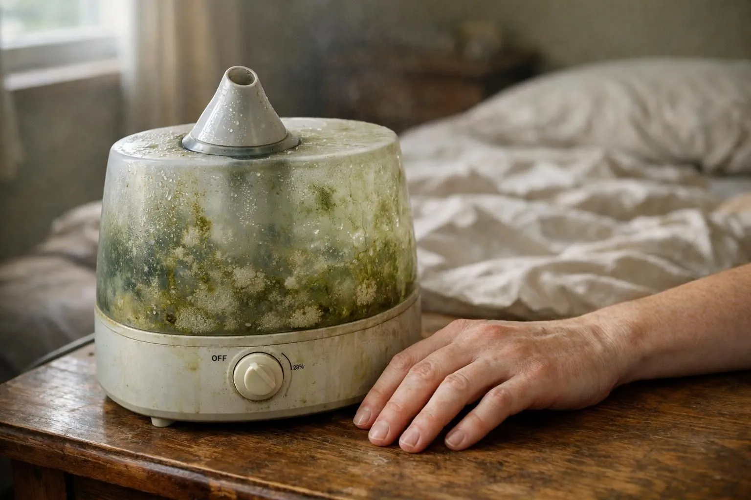 A neglected bedroom humidifier with visible residue, a reminder to clean regularly.