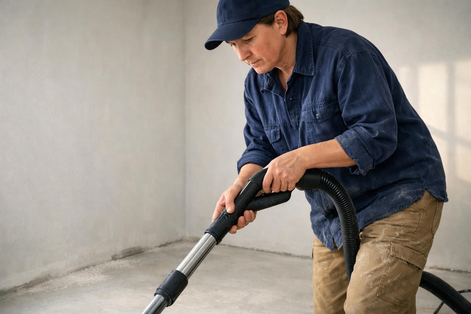 Cleaner using a shop vacuum in an empty, newly built room. Cleaner using a shop vacuum in an empty, newly built room.