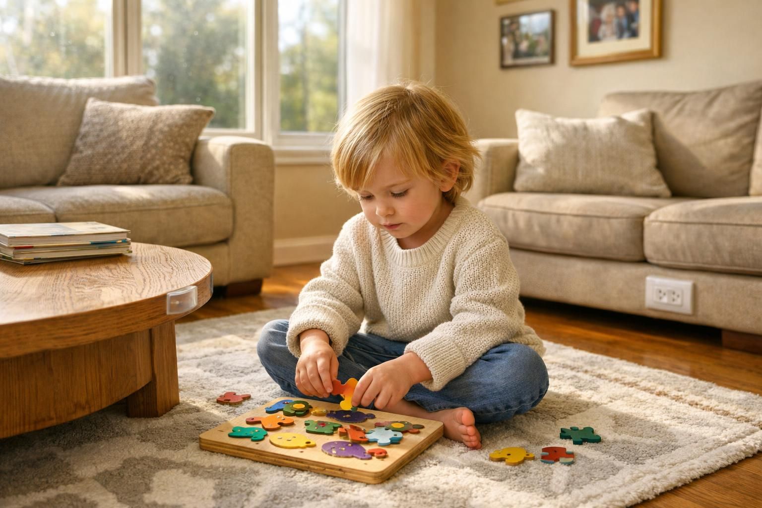 Child playing safely on a clean living room floor after renovation dust is removed. Child playing safely on a clean living room floor after renovation dust is removed.