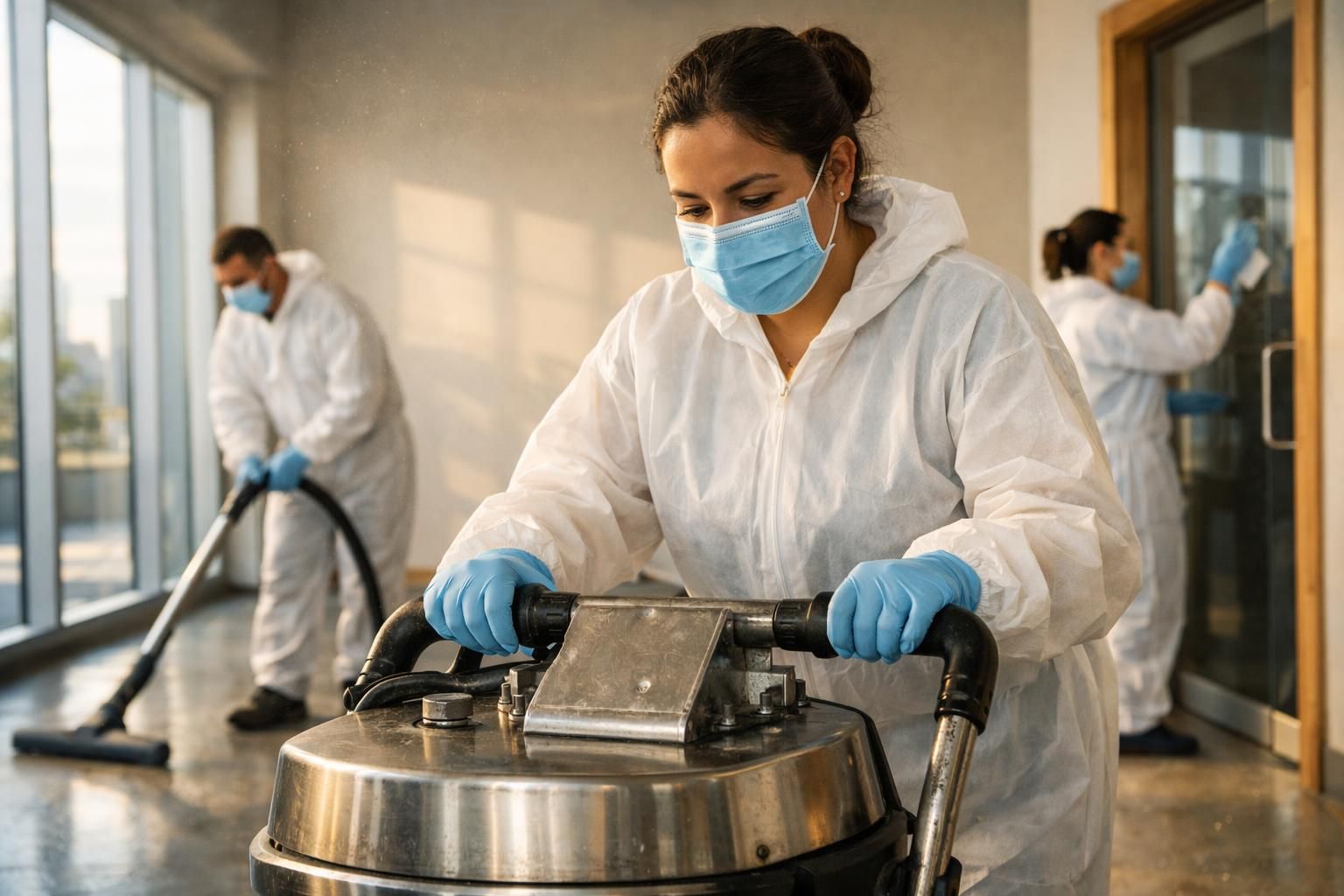 Cleaning crew finishing a new commercial space with vacuums and mops. Cleaning crew finishing a new commercial space with vacuums and mops.