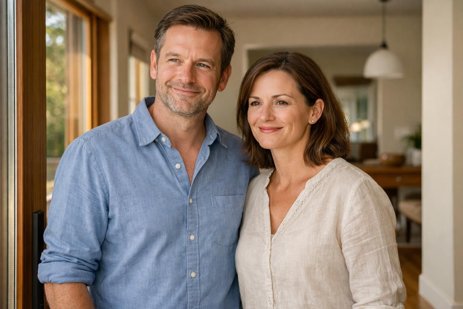 Smiling couple enjoying a fresh, dust-free living room after renovation. Smiling couple enjoying a fresh, dust-free living room after renovation.