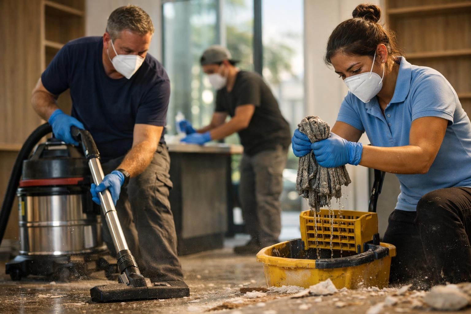 Crew finishing cleanup in a remodeled office, with floors and fixtures polished. Crew finishing cleanup in a remodeled office, with floors and fixtures polished.