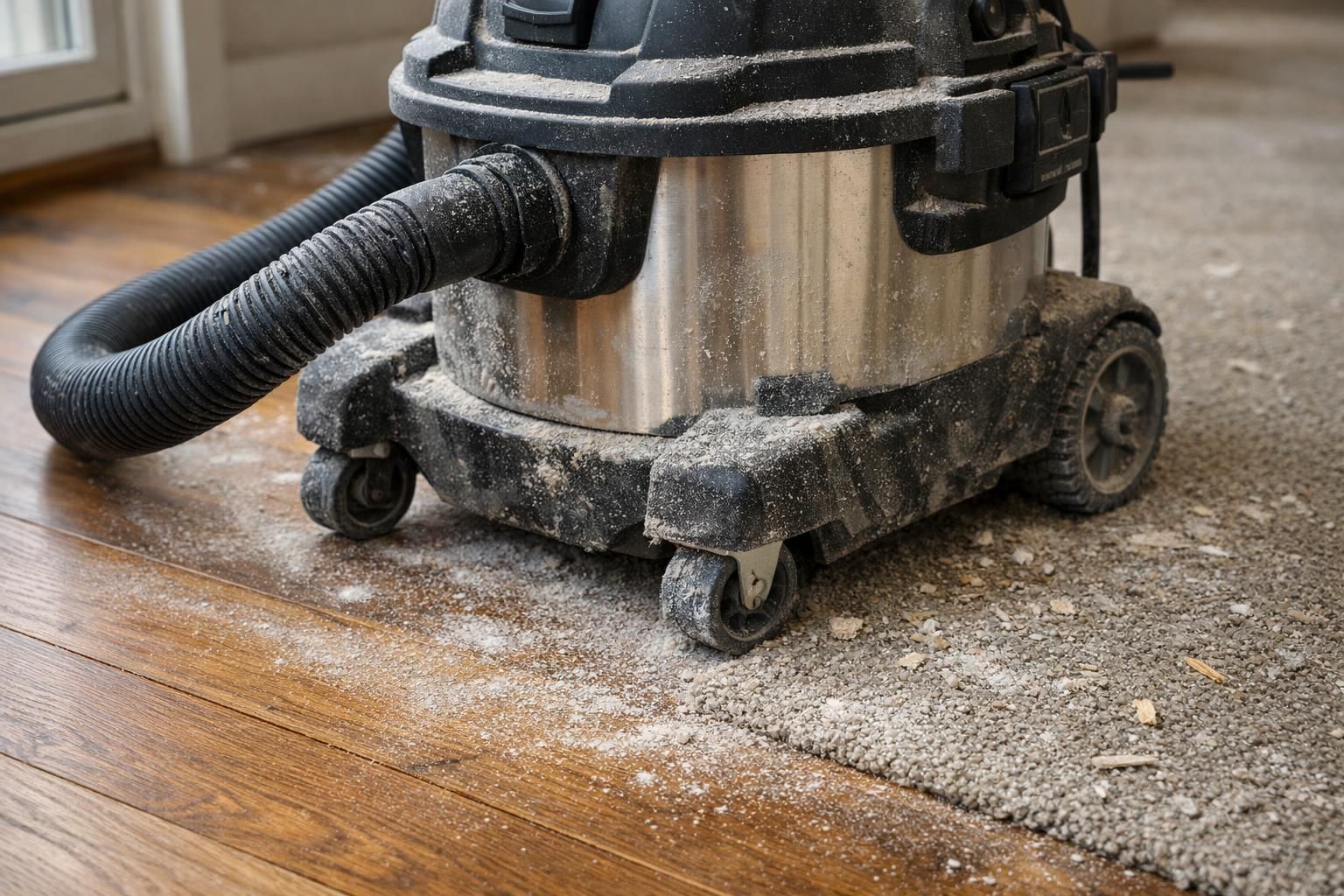 Heavy-duty vacuum on a dusty floor during a renovation cleanup. Heavy-duty vacuum on a dusty floor during a renovation cleanup.