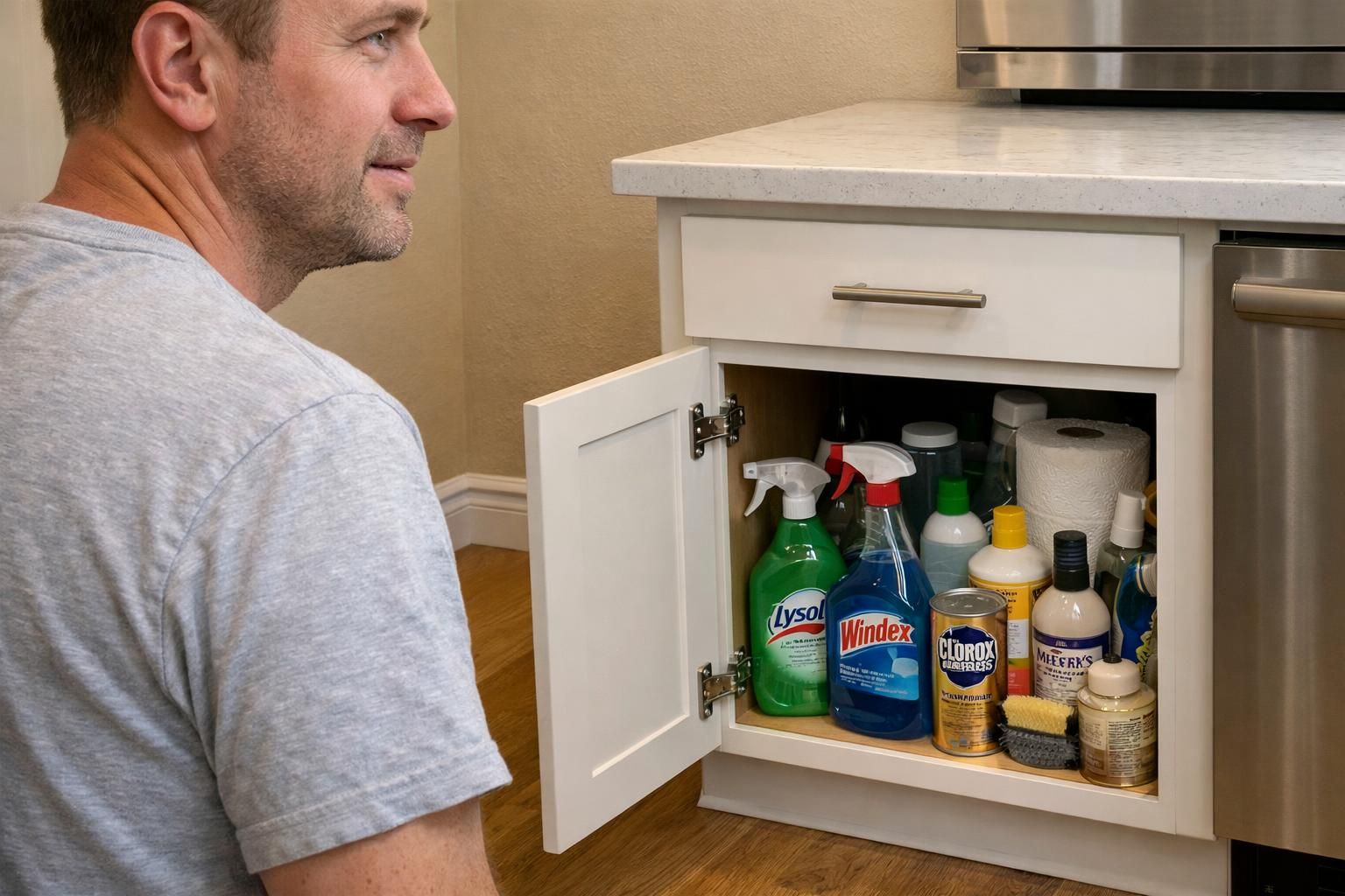 Renovated kitchen with clean counters and neatly stored cleaning supplies. Renovated kitchen with clean counters and neatly stored cleaning supplies.