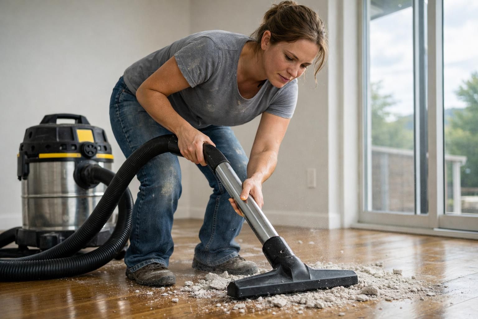Cleaner using a heavy-duty vacuum to remove sawdust and scraps after a renovation. Cleaner using a heavy-duty vacuum to remove sawdust and scraps after a renovation.