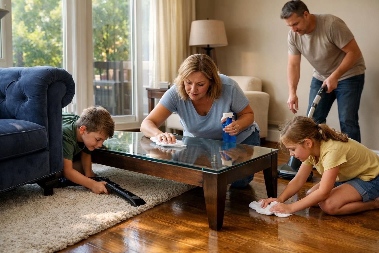 A family works together to deep clean their living room once a year.