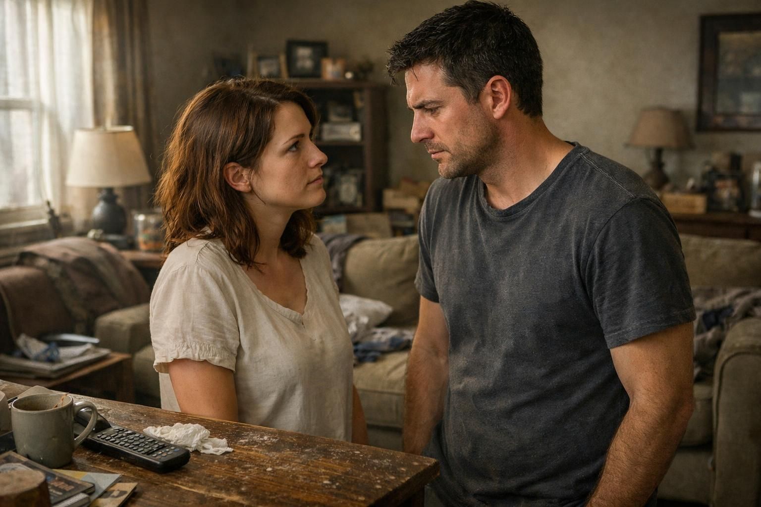 A couple talks through a cleaning plan in a lived-in living room.