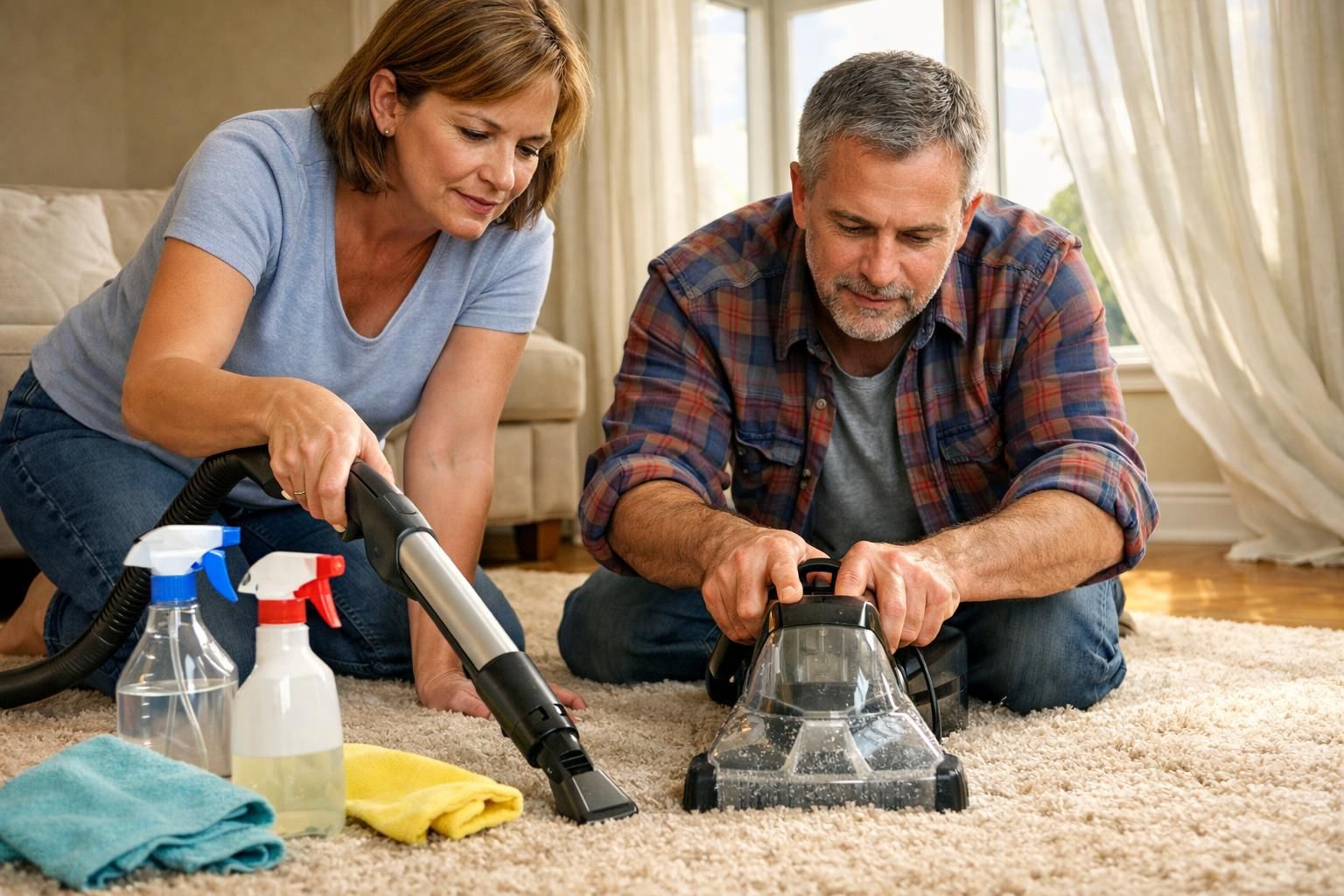 A couple shampoos their living room carpet for a quarterly refresh.