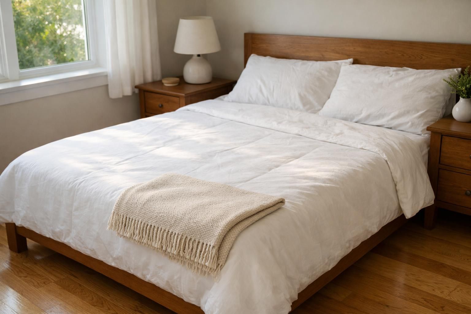 A calm, neatly organized bedroom that looks ready for rest.