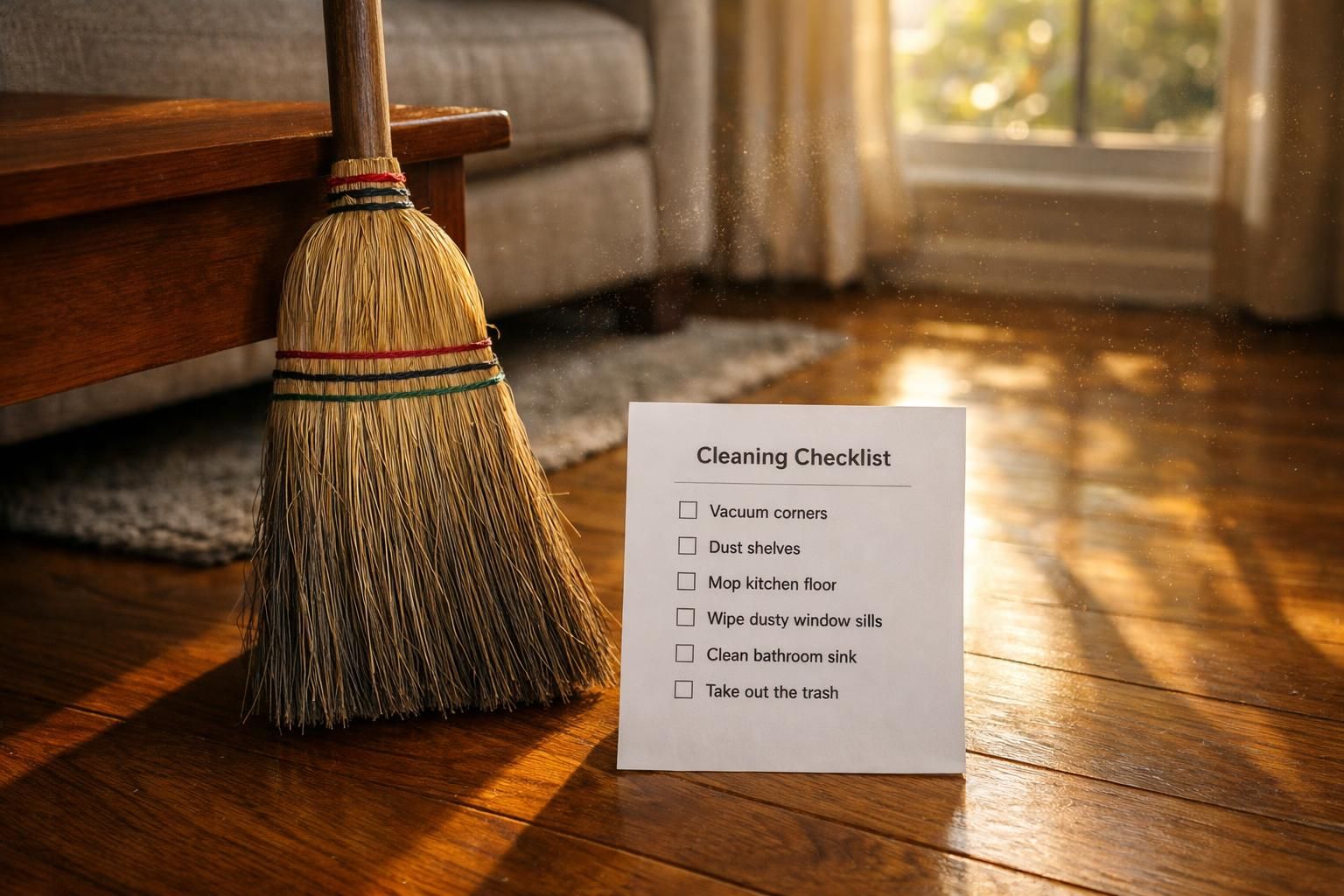 A broom and a printed checklist ready for a cleaning session.