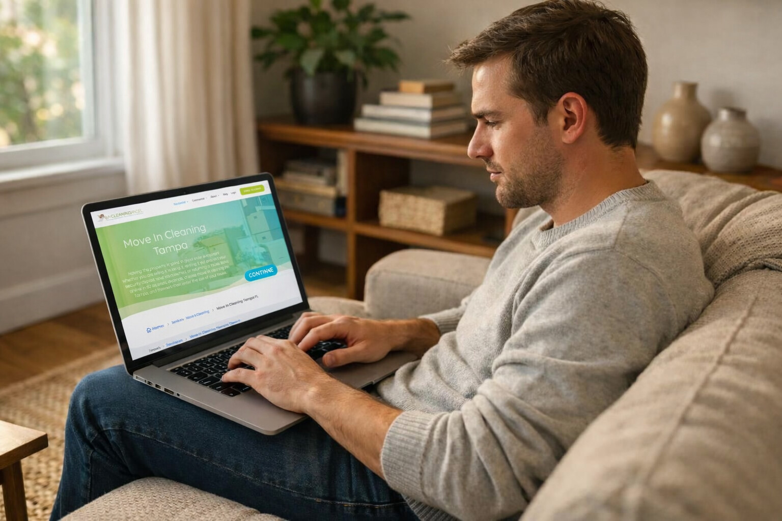 A person checks cleaning service reviews on a laptop.
