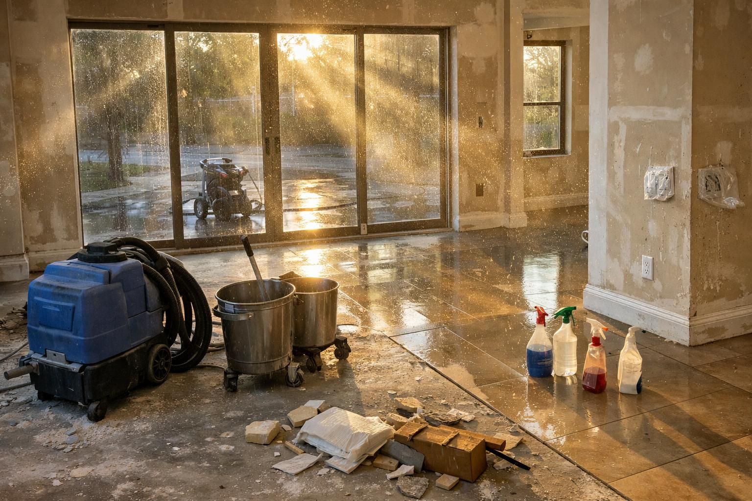 A construction site living area with cleaning equipment and unfinished surfaces.