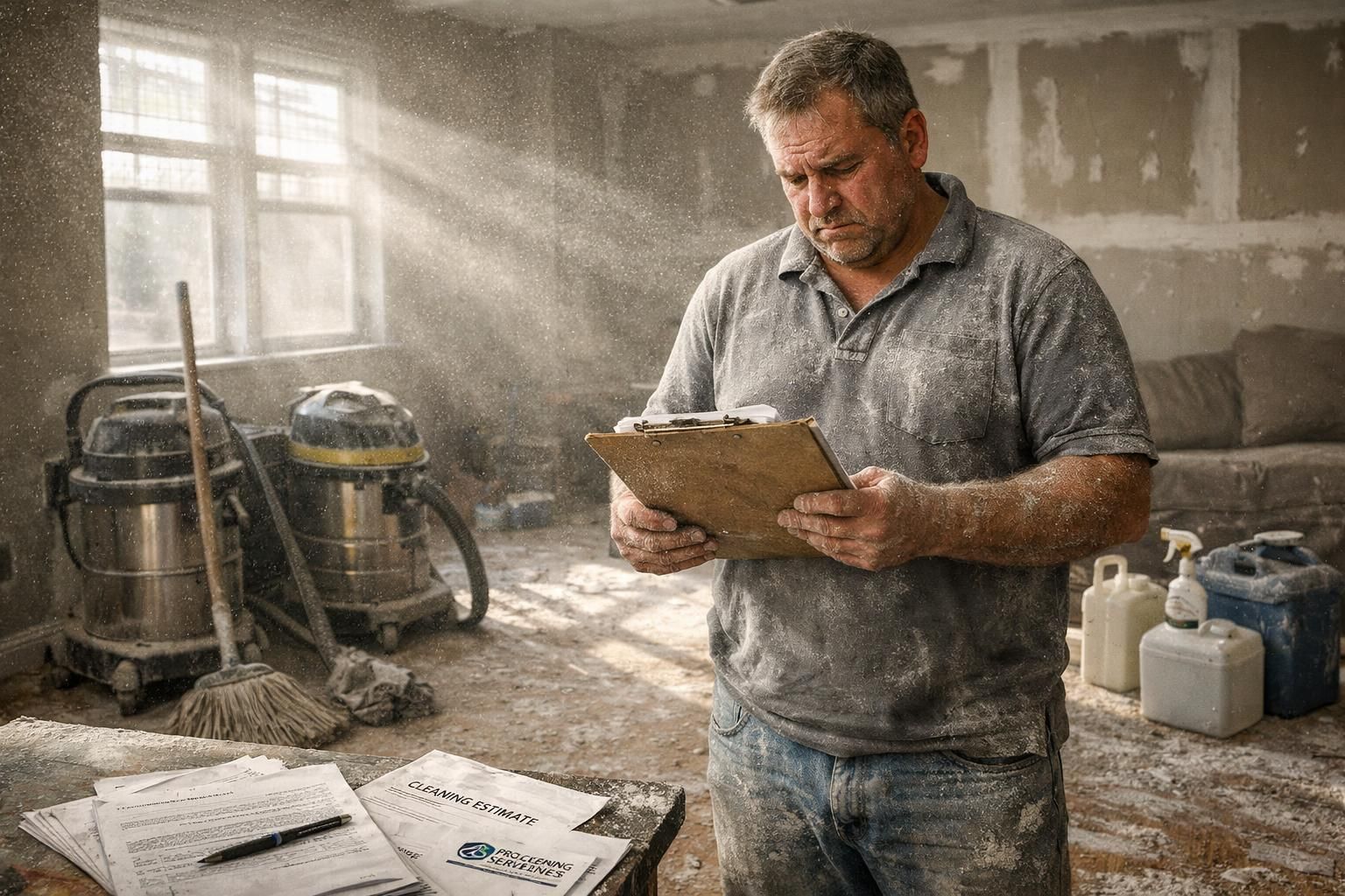 A concerned man evaluates cleaning estimates in a dust-covered living room.