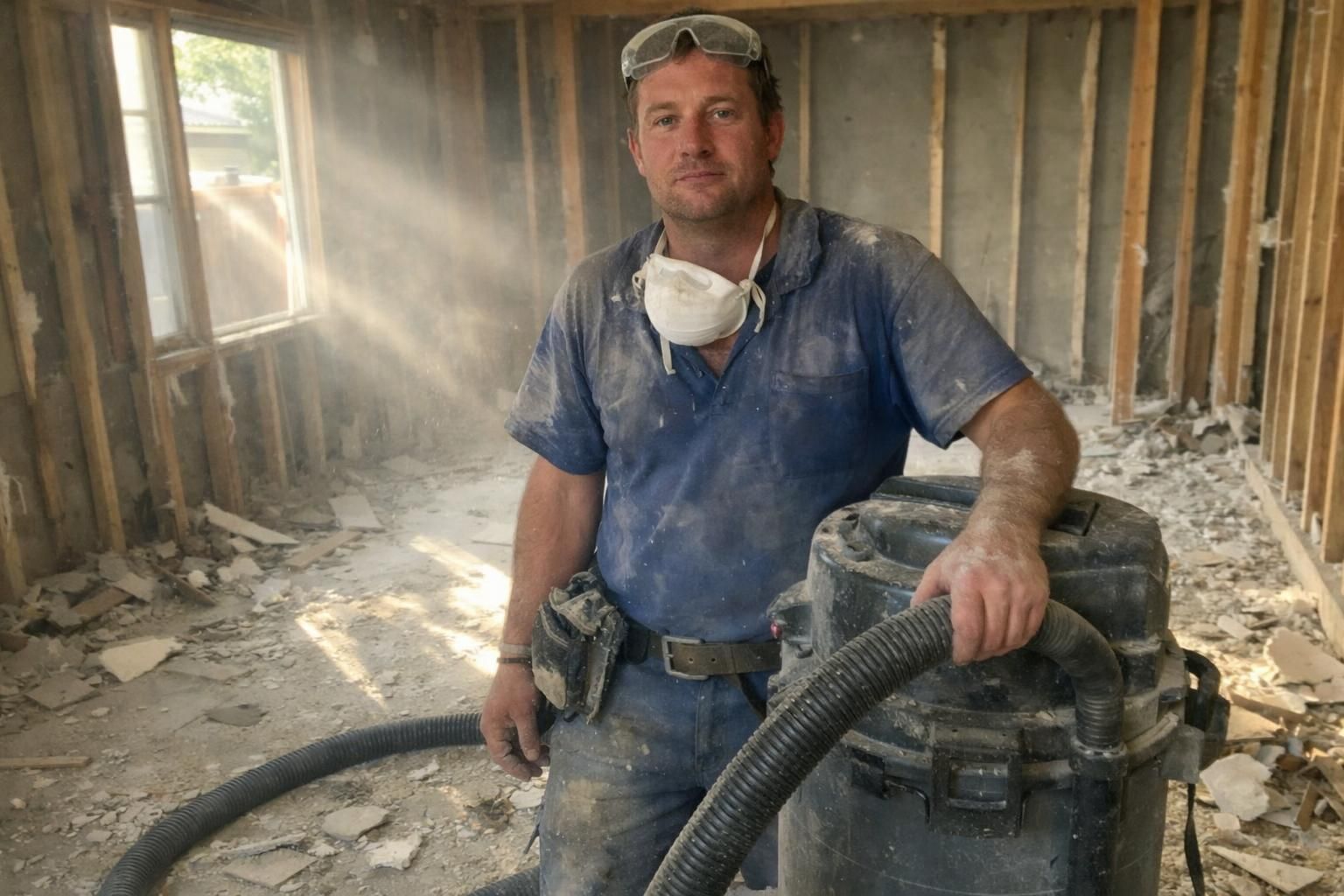 A tired construction worker cleans debris in a renovated living room.
