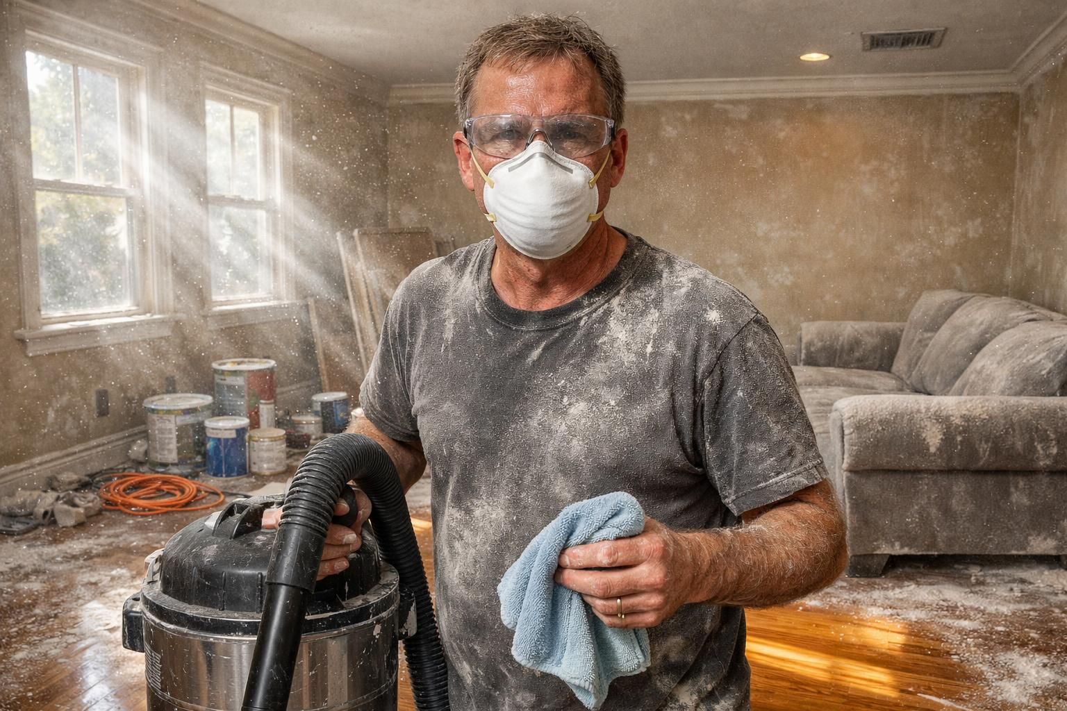 A man cleans dust in a residential living room renovation.
