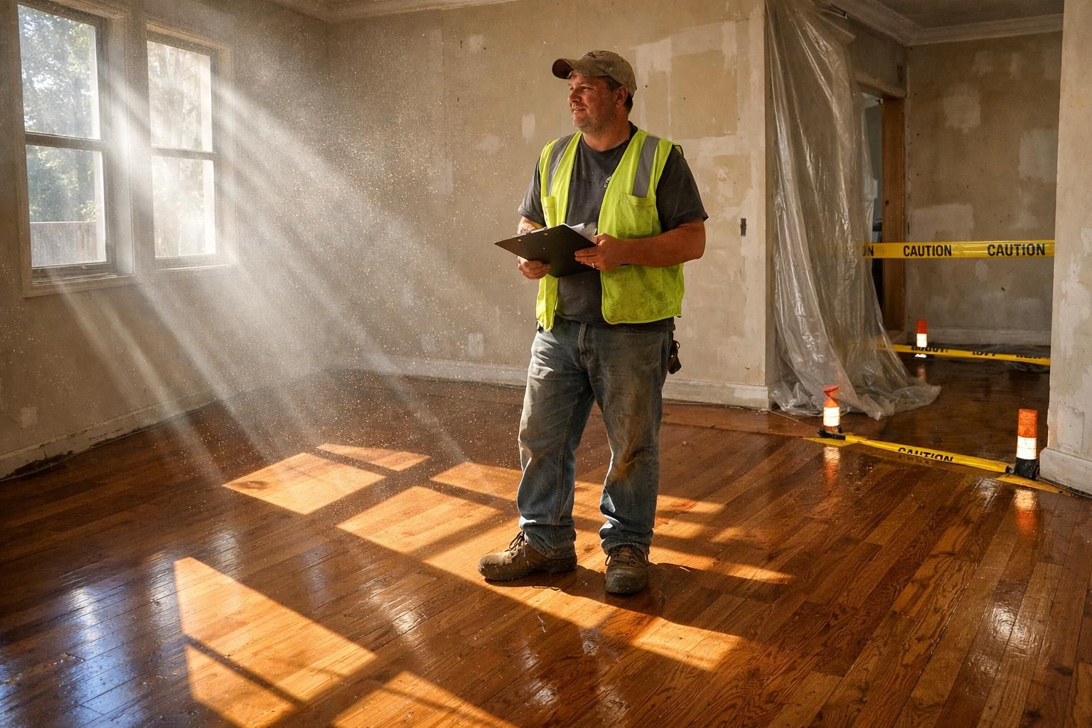 A renovated living room shows signs of recent construction and inspection.