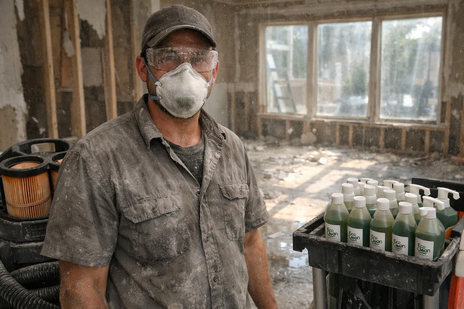 A cleanup specialist works amidst a chaotic post-construction site.