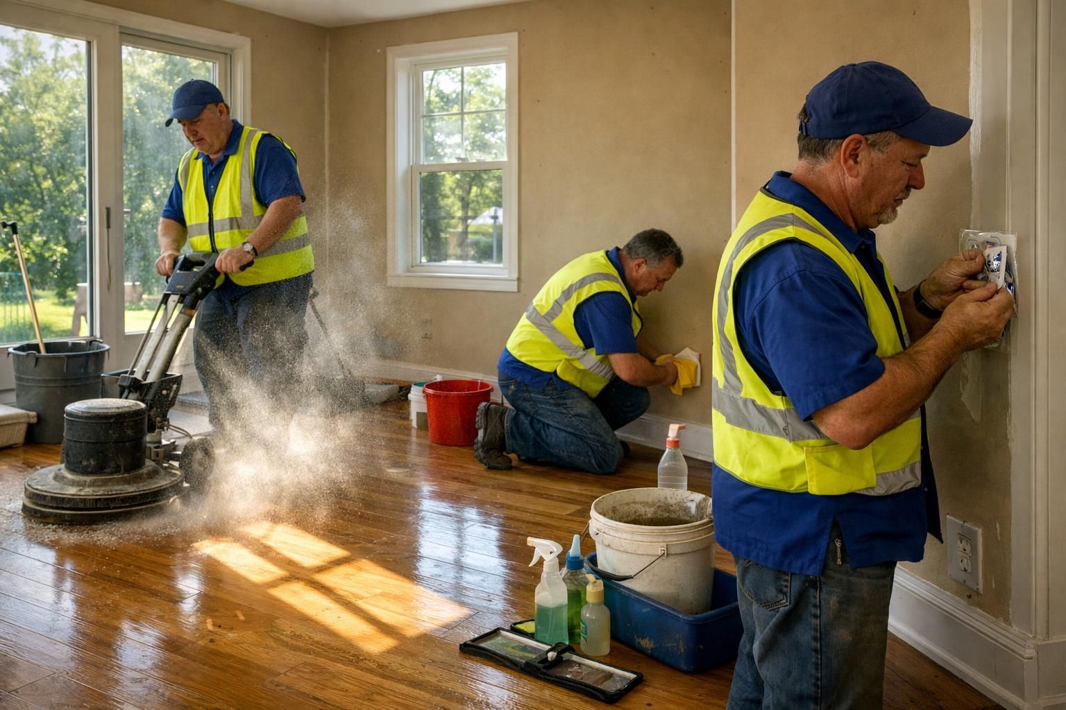 Men cleaning a newly constructed living room during final inspections.