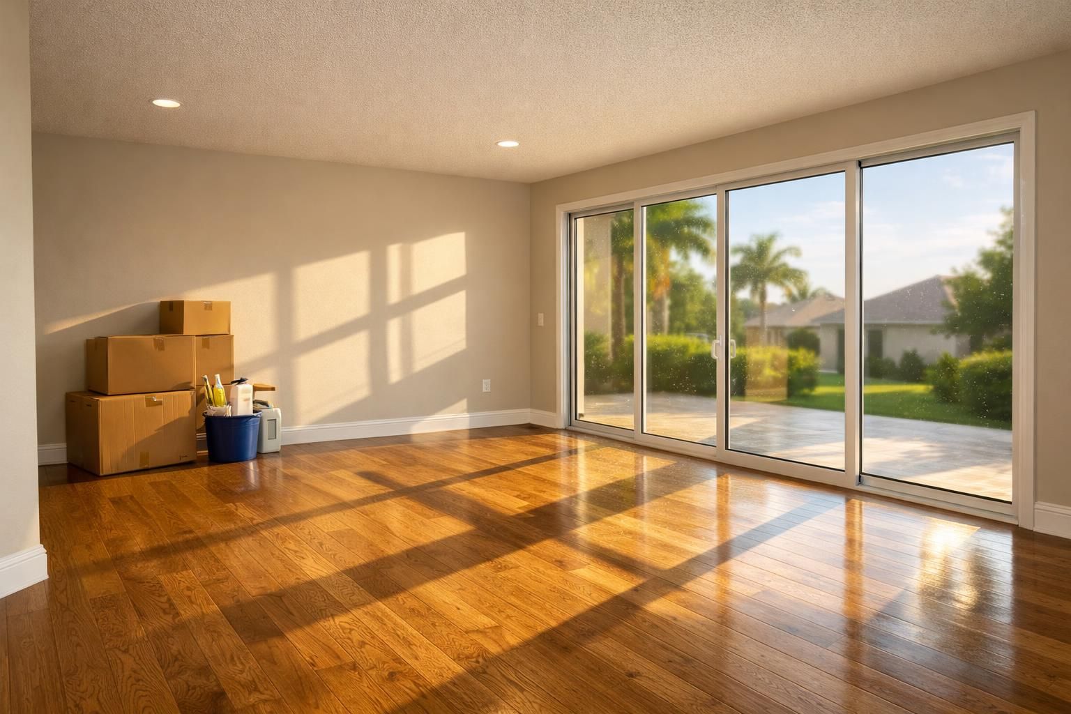 A pristine, vacant living room in a newly built Tampa home.