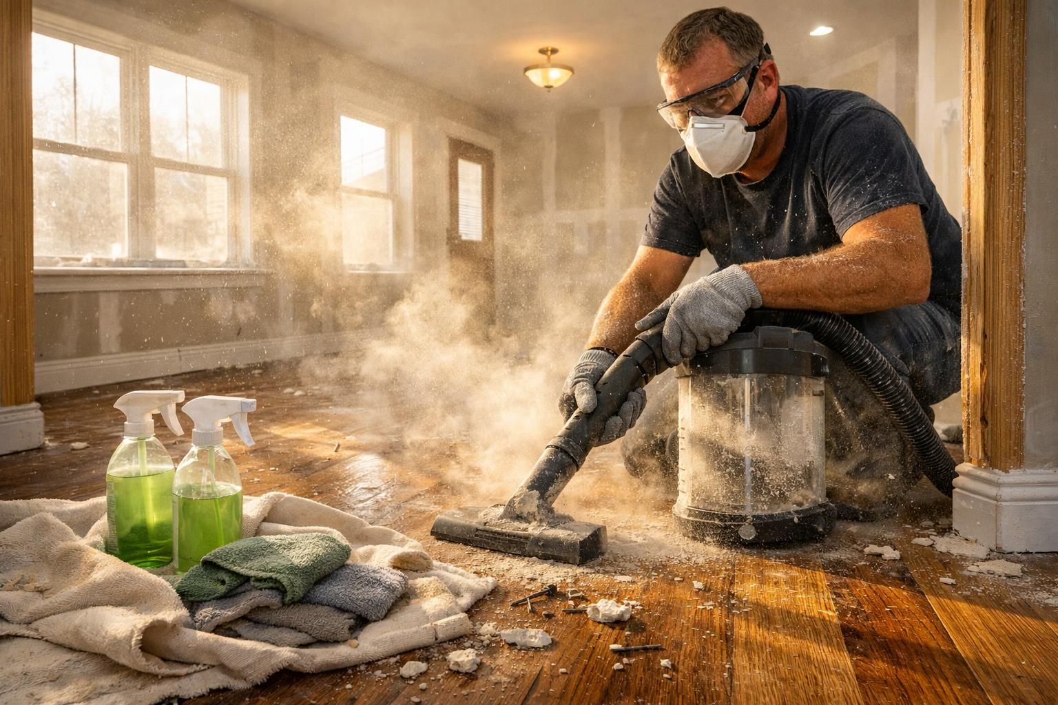 A man cleans a newly constructed living room filled with dust.