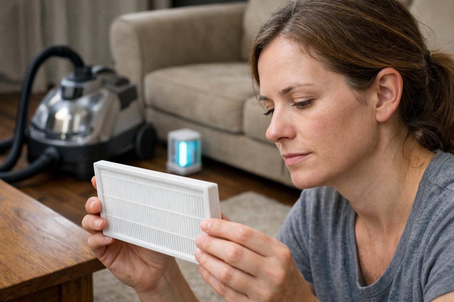 A woman inspects a white HEPA filter in a tidy living room.