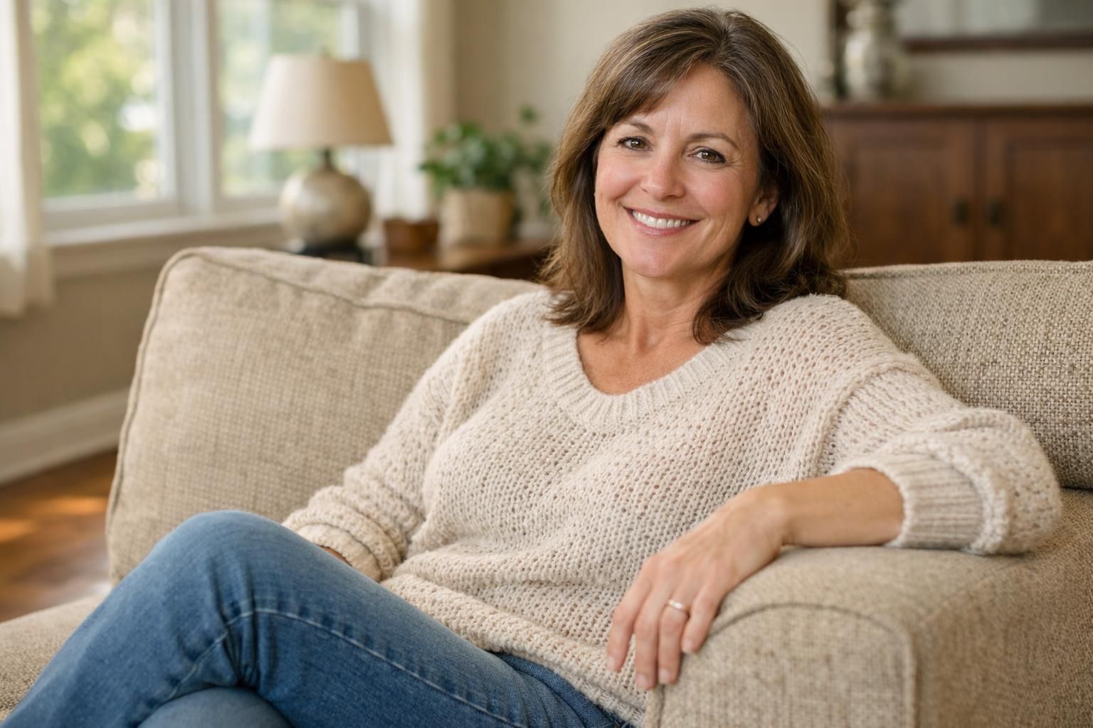 A middle-aged woman smiles contentedly while relaxing on her sofa.
