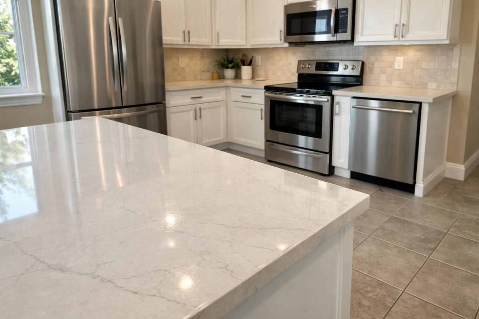 Spotlessly clean modern kitchen with polished quartz countertops and stainless appliances.