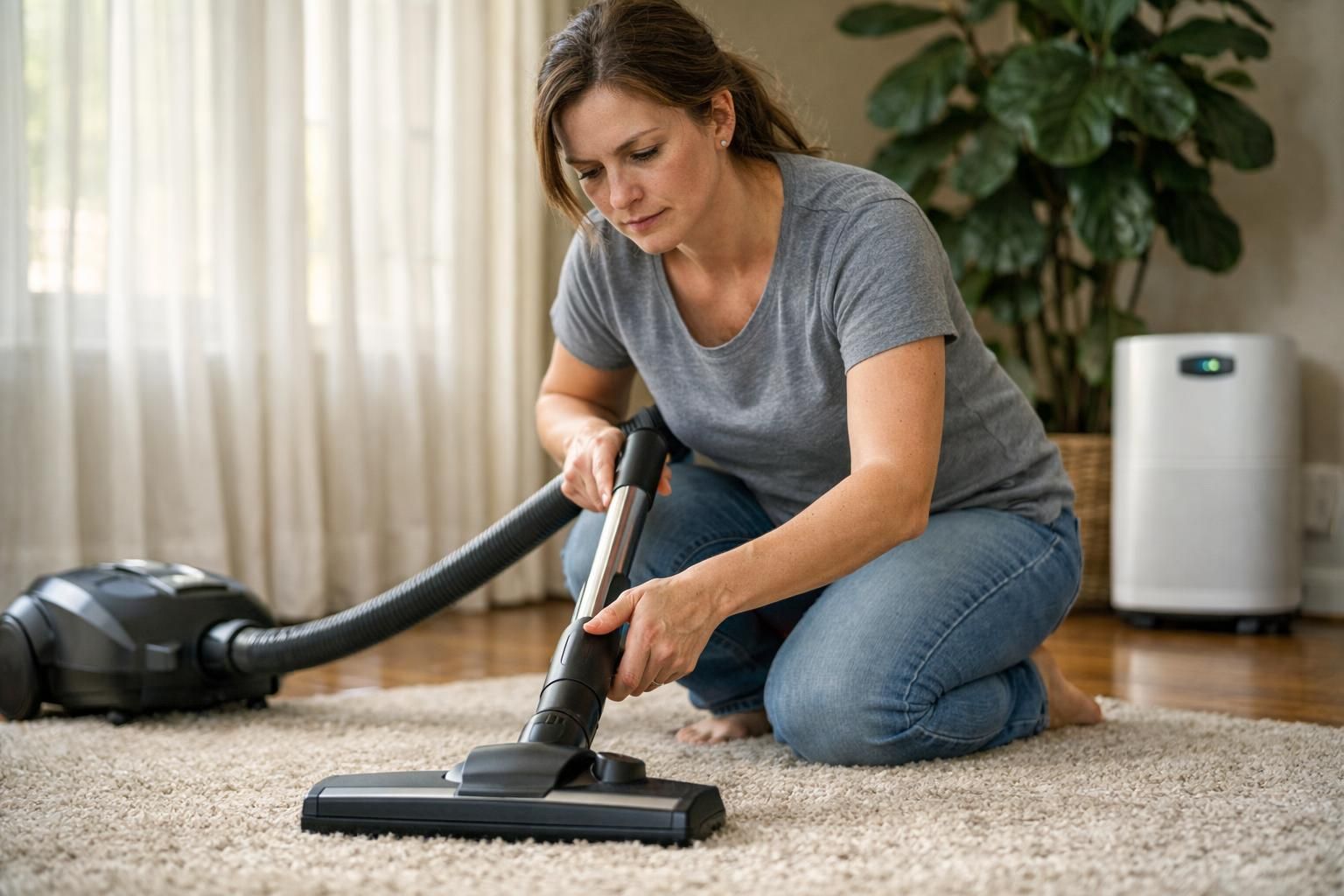 A woman vacuums a textured carpet in a cozy living room.