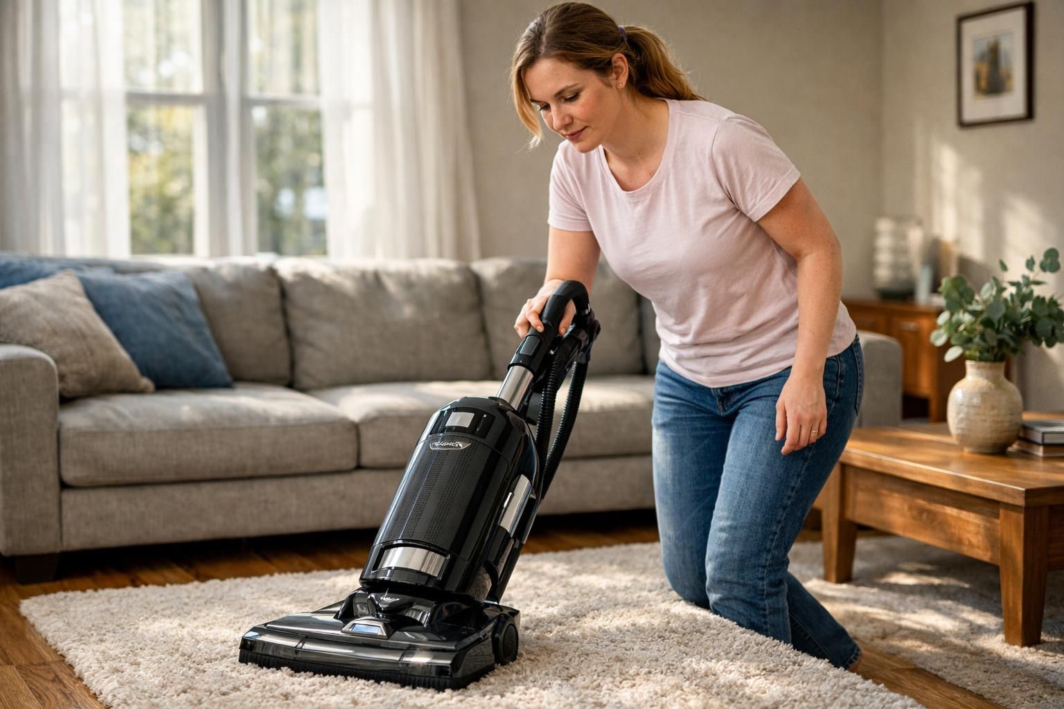 A woman vacuuming a modern living room filled with cozy decor.