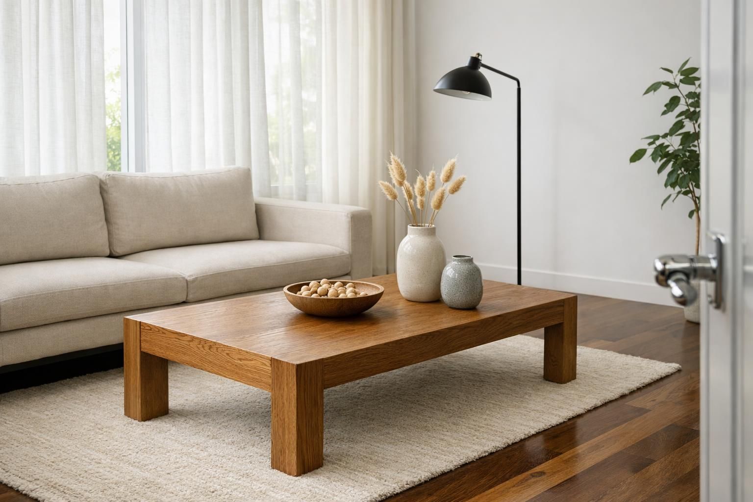 A meticulously organized modern living room with minimalist furniture.