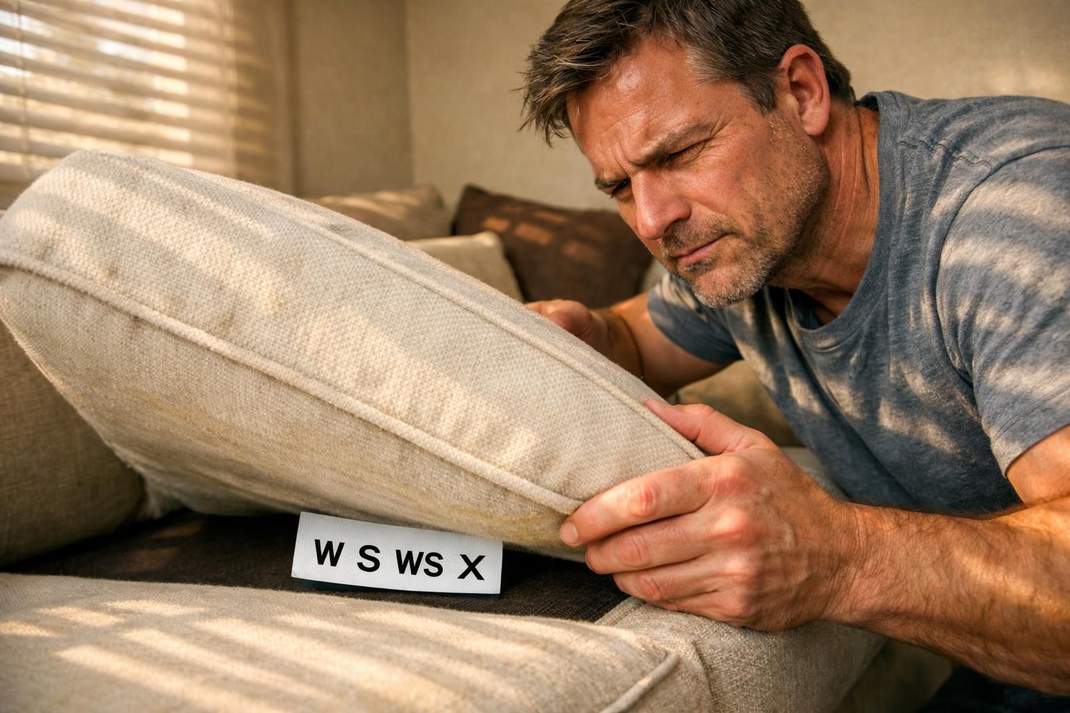 A man inspects a cushion, showing deep concentration and curiosity.
