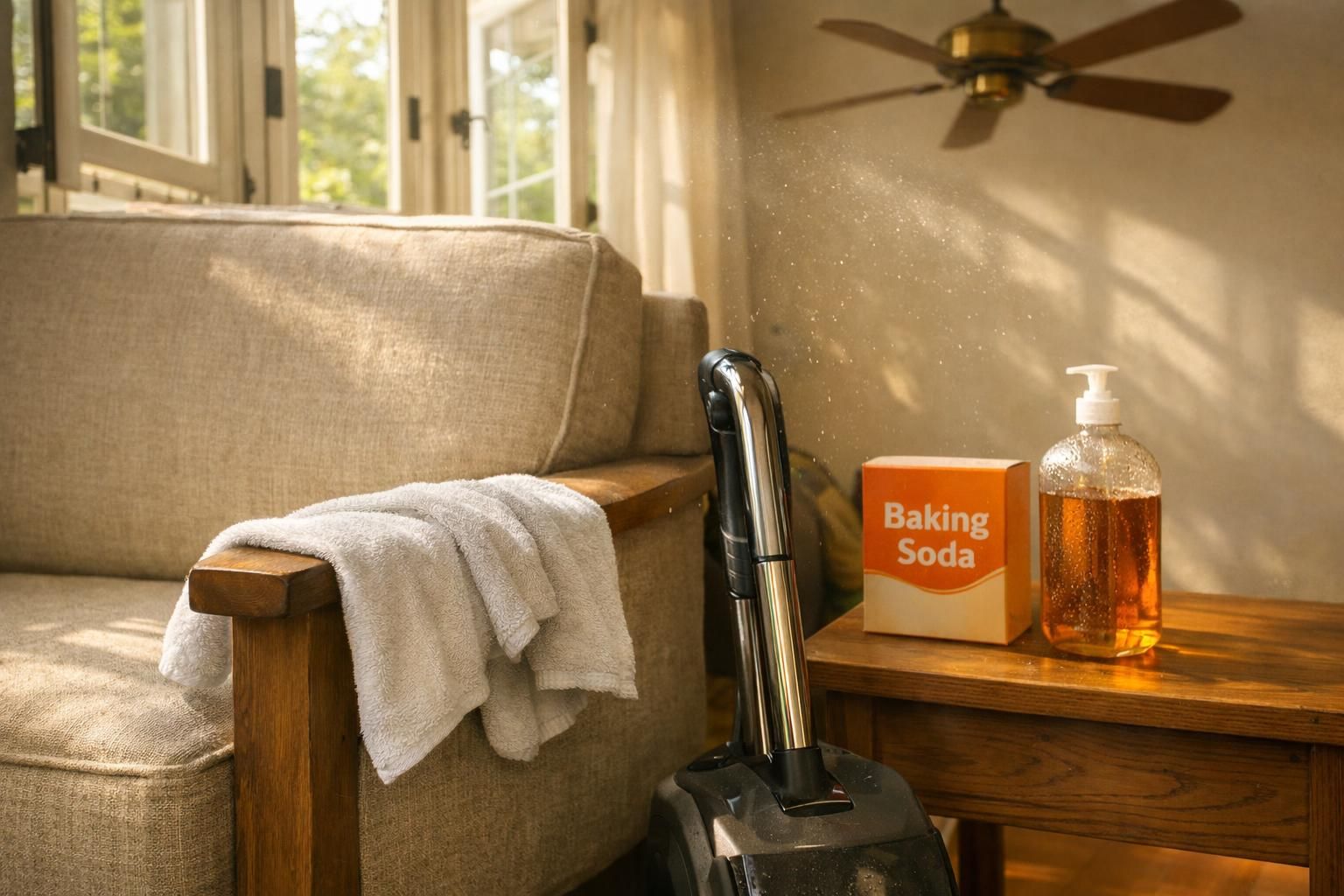 A clean, textured armchair with towels and cleaning supplies nearby.