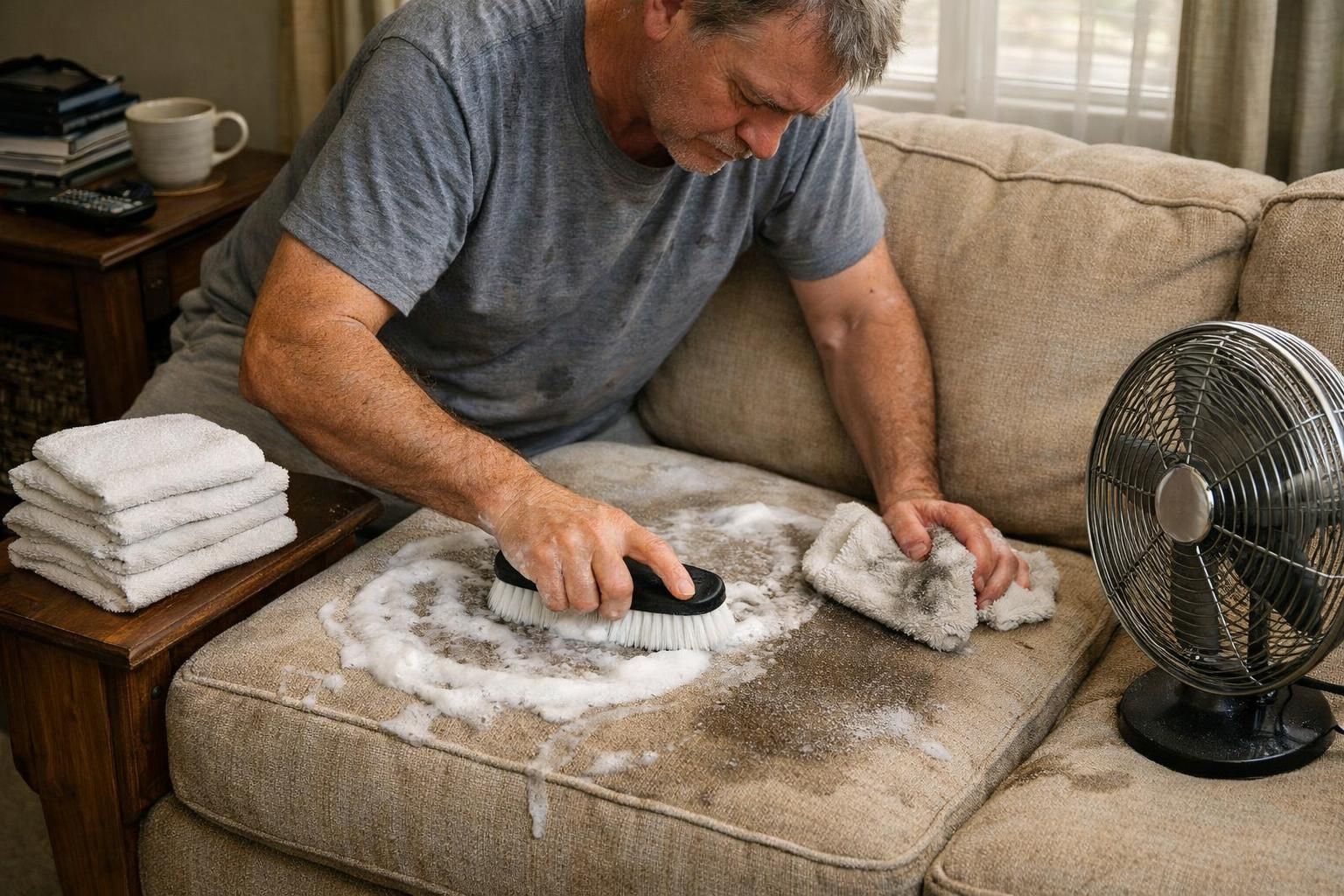 A man deep-cleans his beige upholstered sofa with focused effort.
