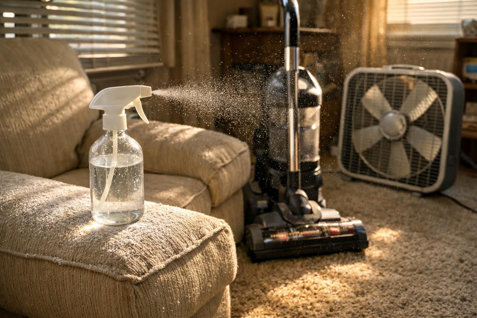 A lived-in living room mid-cleaning with visible dust and clutter.