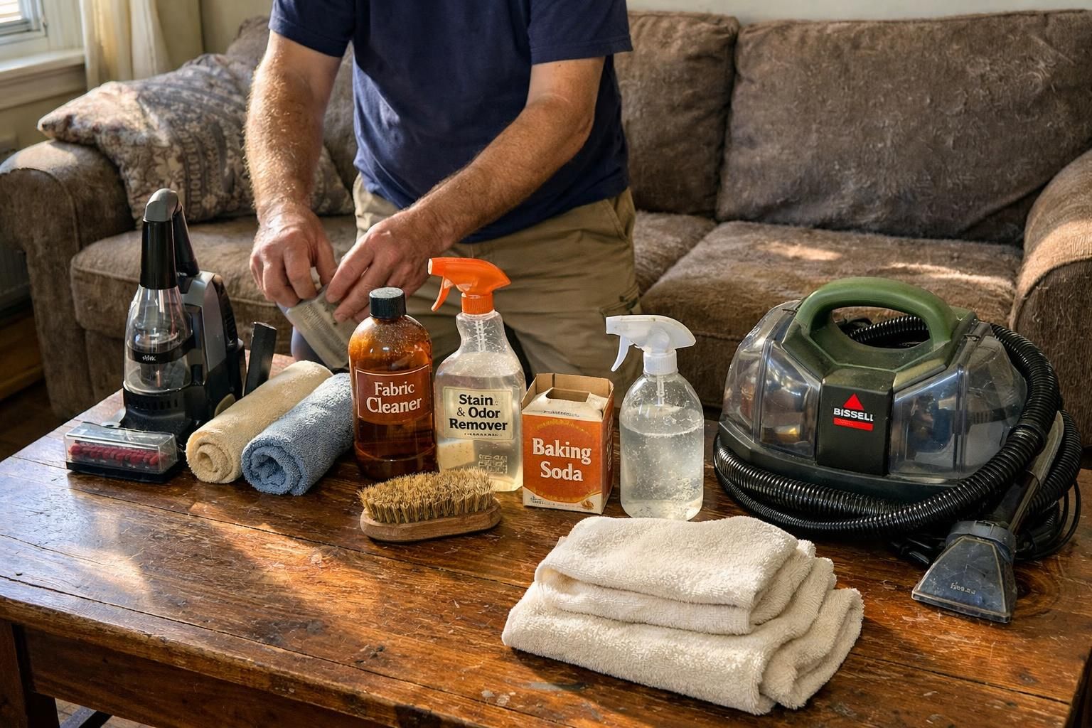 Middle-aged homeowner prepares cleaning supplies in a lived-in living room.