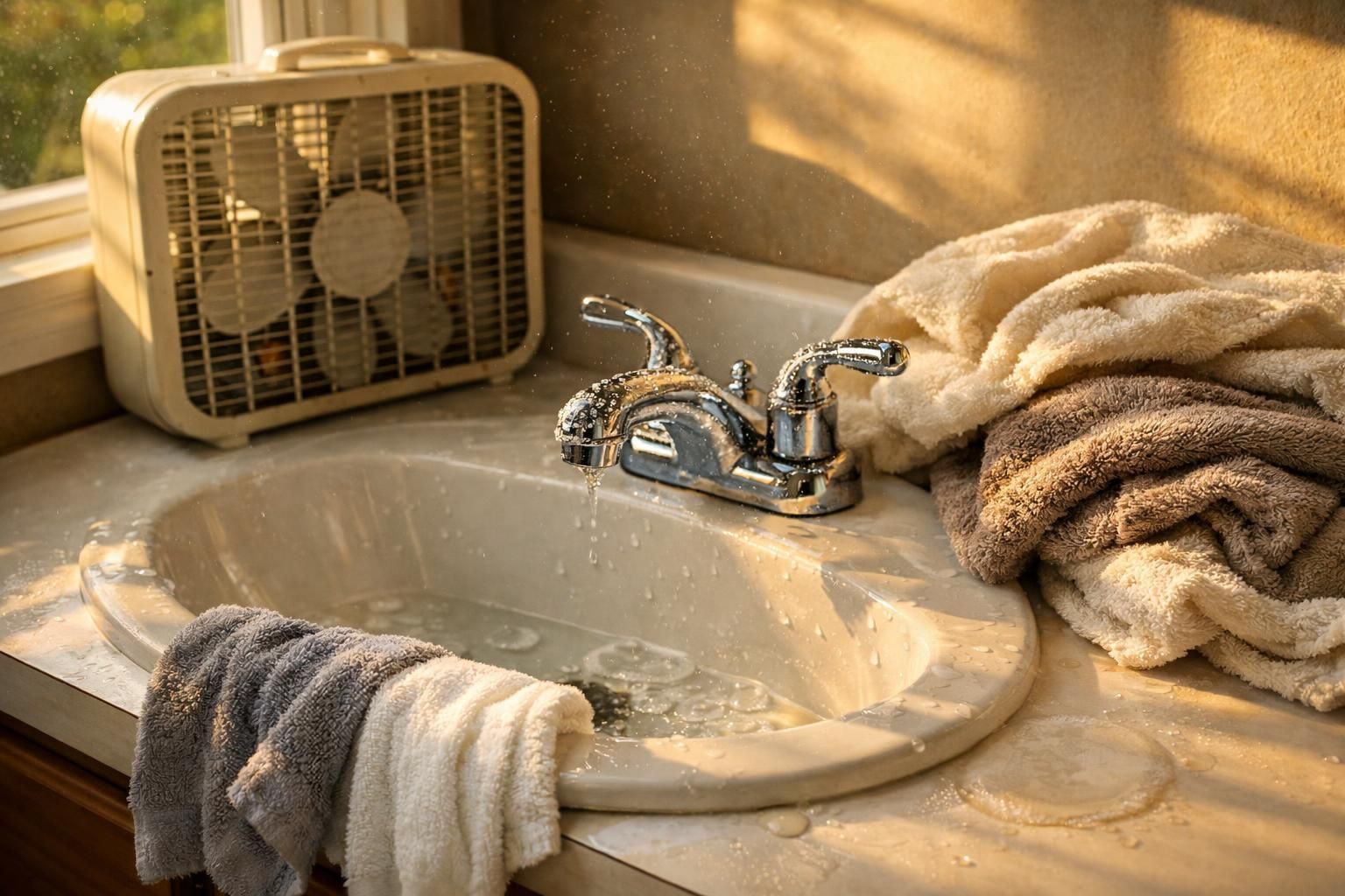 A bathroom vanity with a gleaming faucet and damp towels.