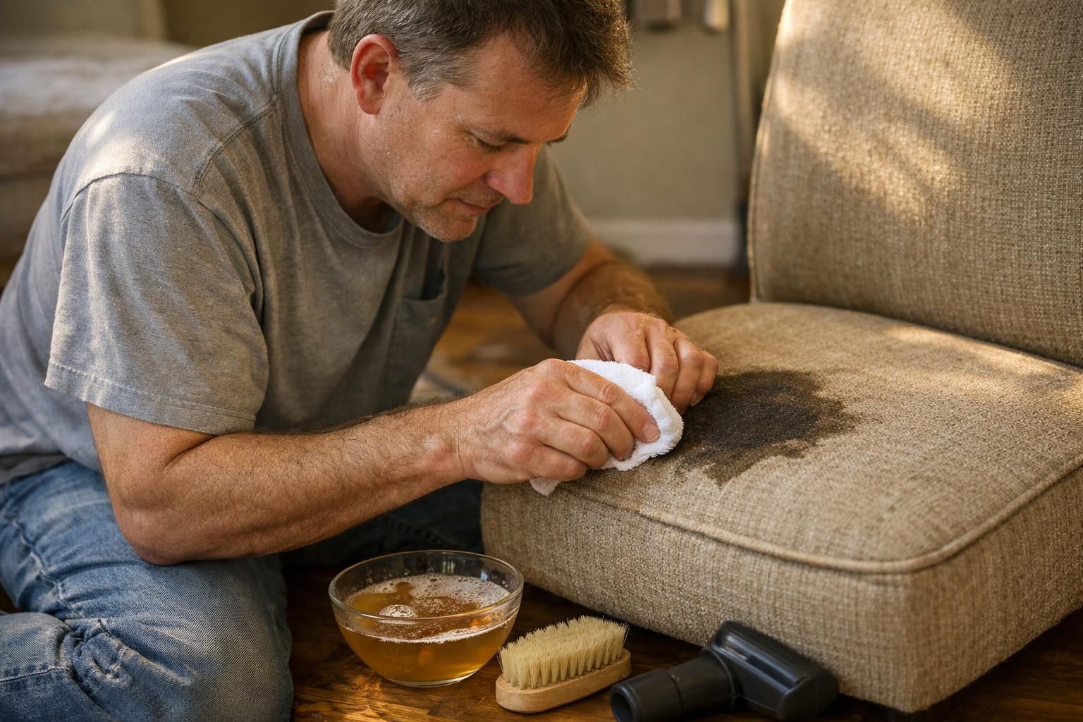 A man diligently cleans a stain on an upholstered armchair.