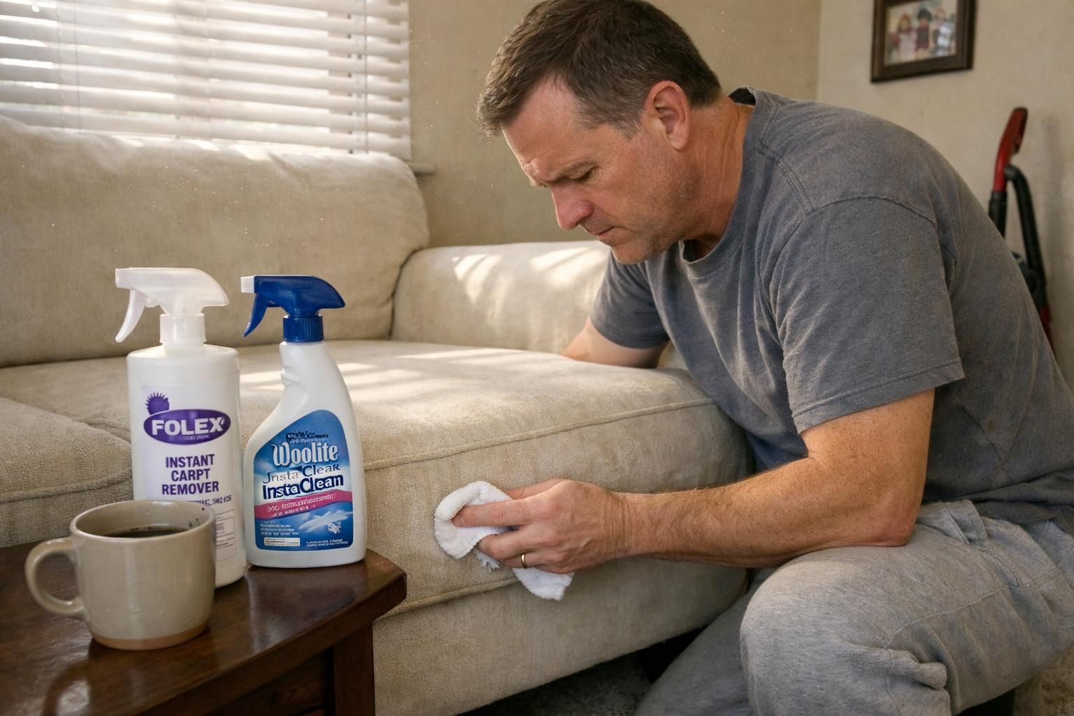 A man cleans a sofa in a lived-in living room.