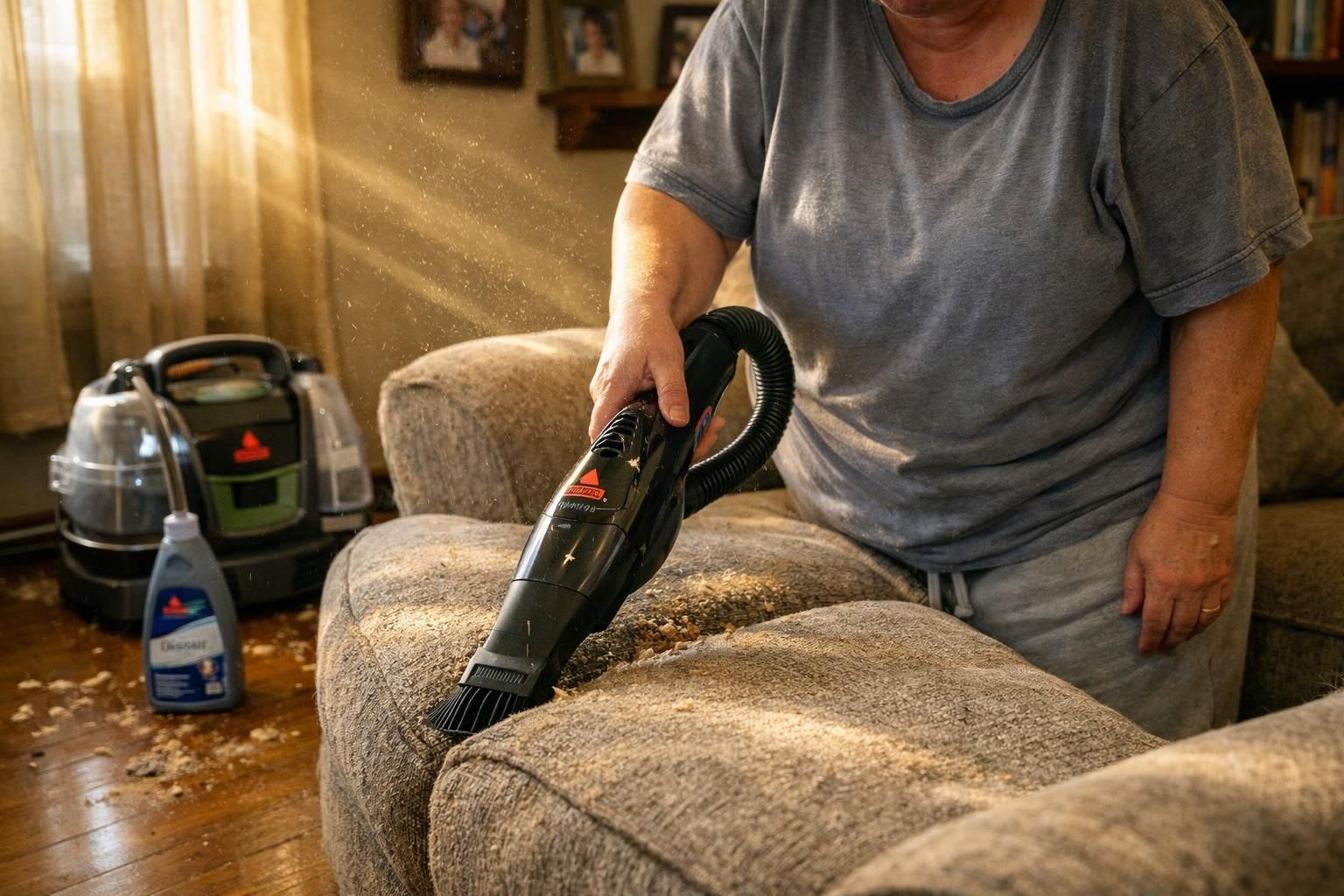 A person vacuums a well-worn sectional sofa in a cozy living room.
