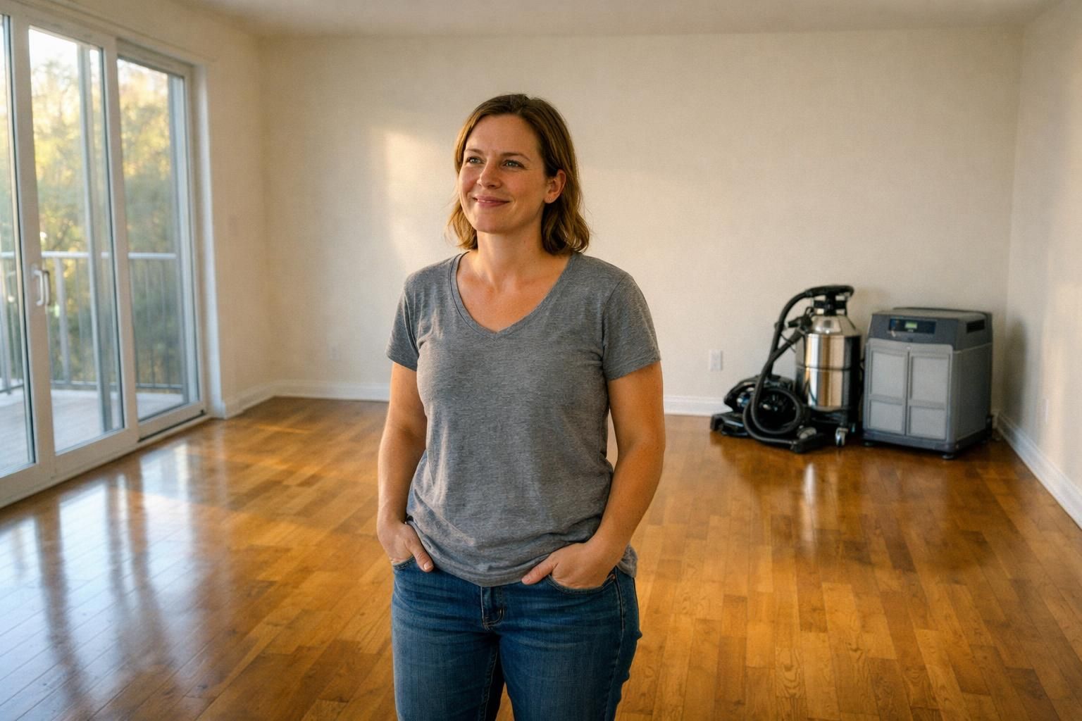A woman enjoys the serene, freshly cleaned empty living room.