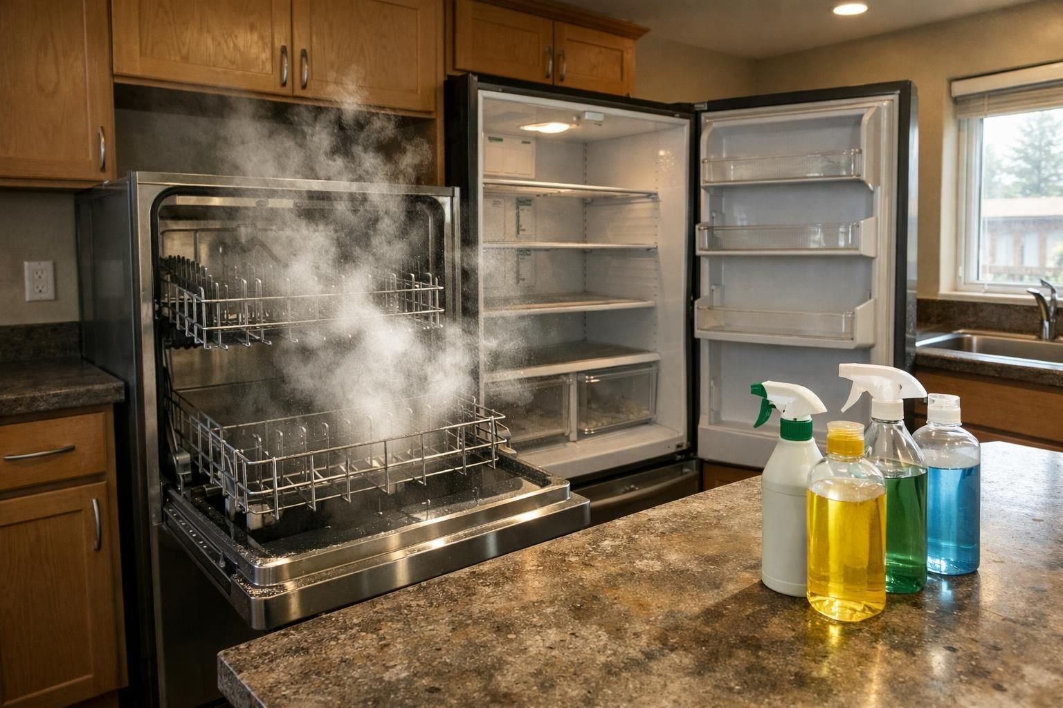 A kitchen mid-cleaning, showcasing appliances and genuine household wear.