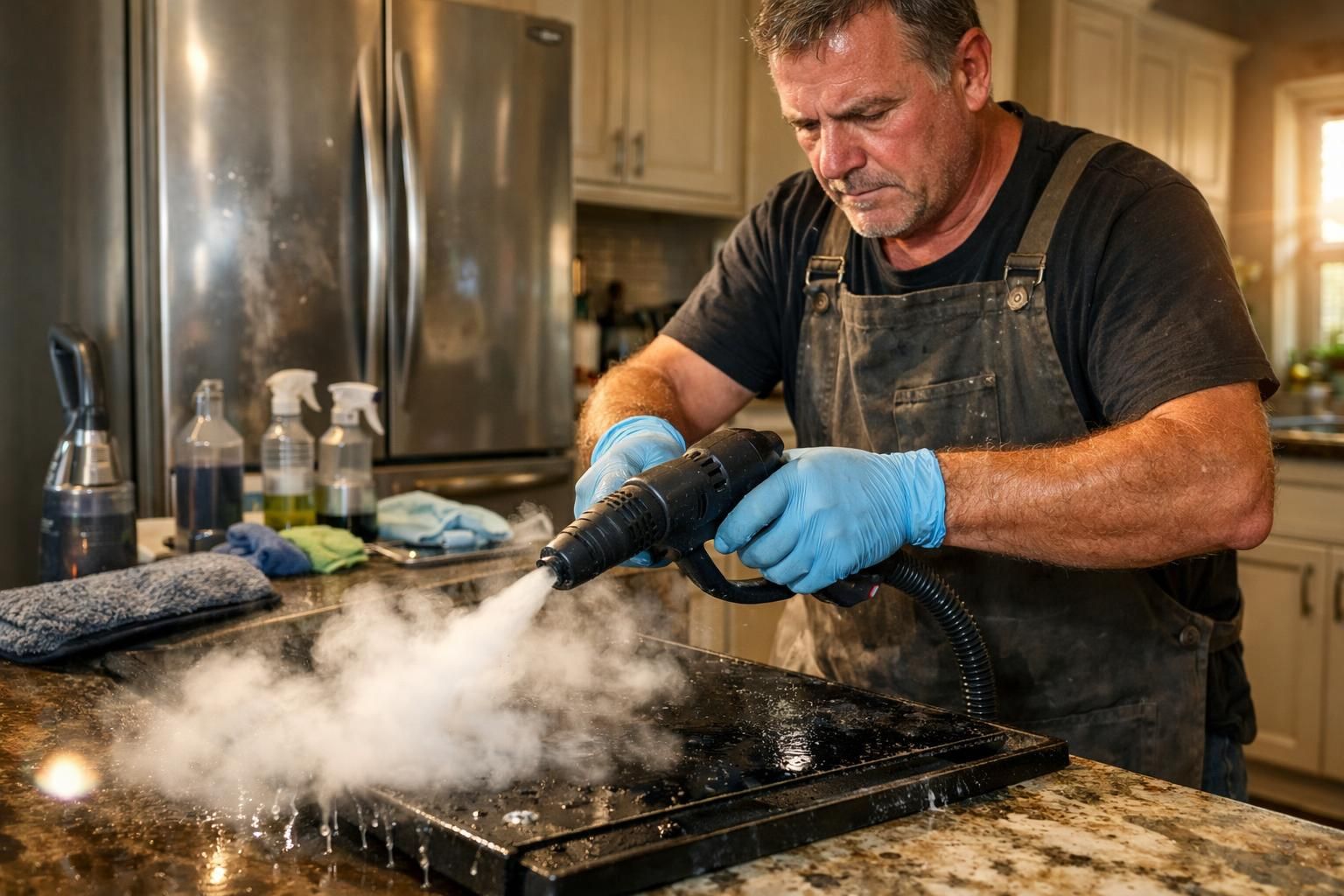 A middle-aged man uses a steam cleaner on a dirty stovetop.