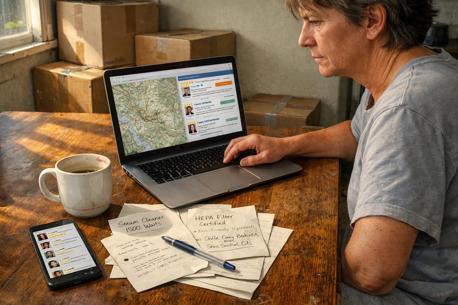 A focused individual researches cleaning services at a cluttered kitchen table.