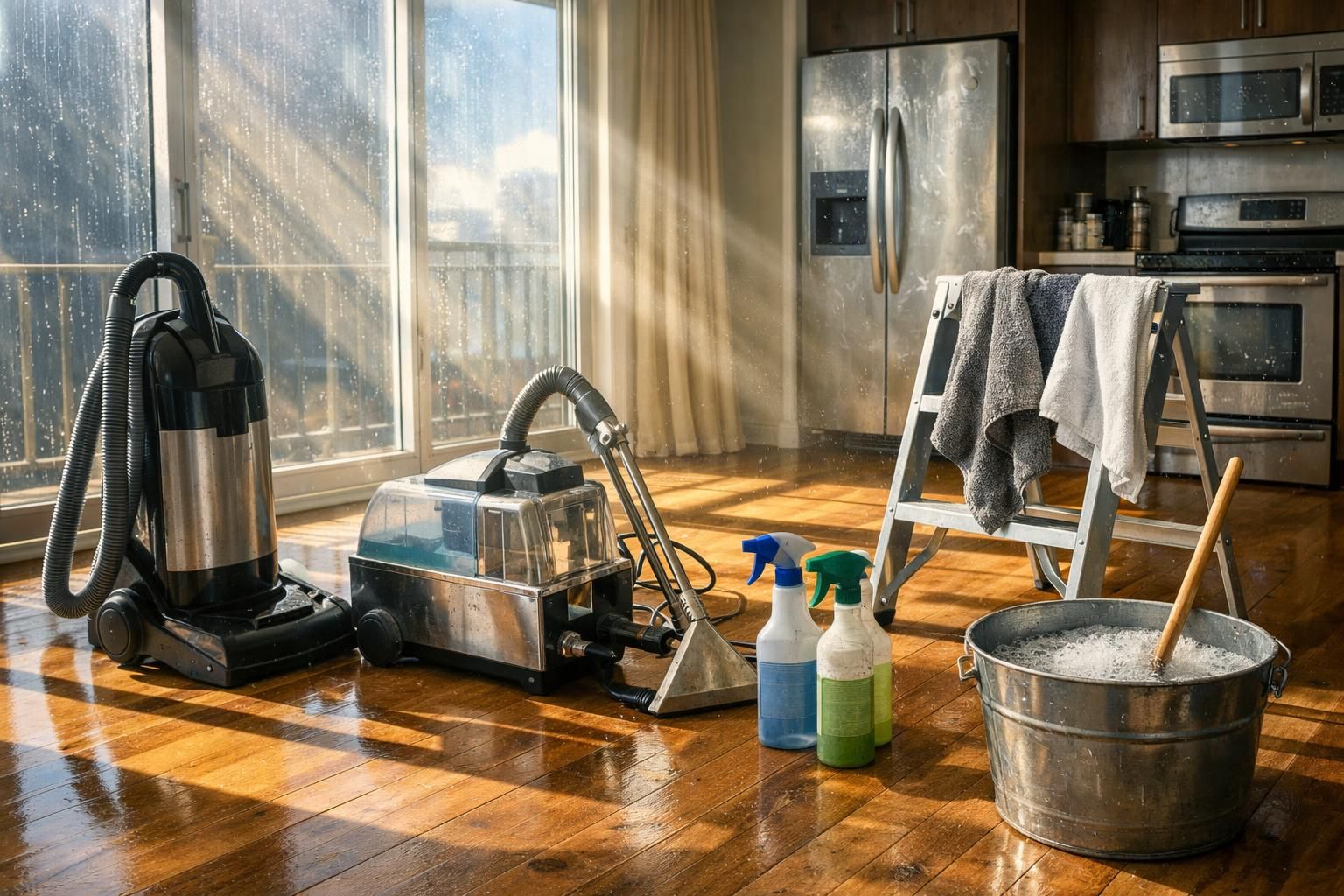 A bright, empty living room with cleaning equipment and a kitchen visible.