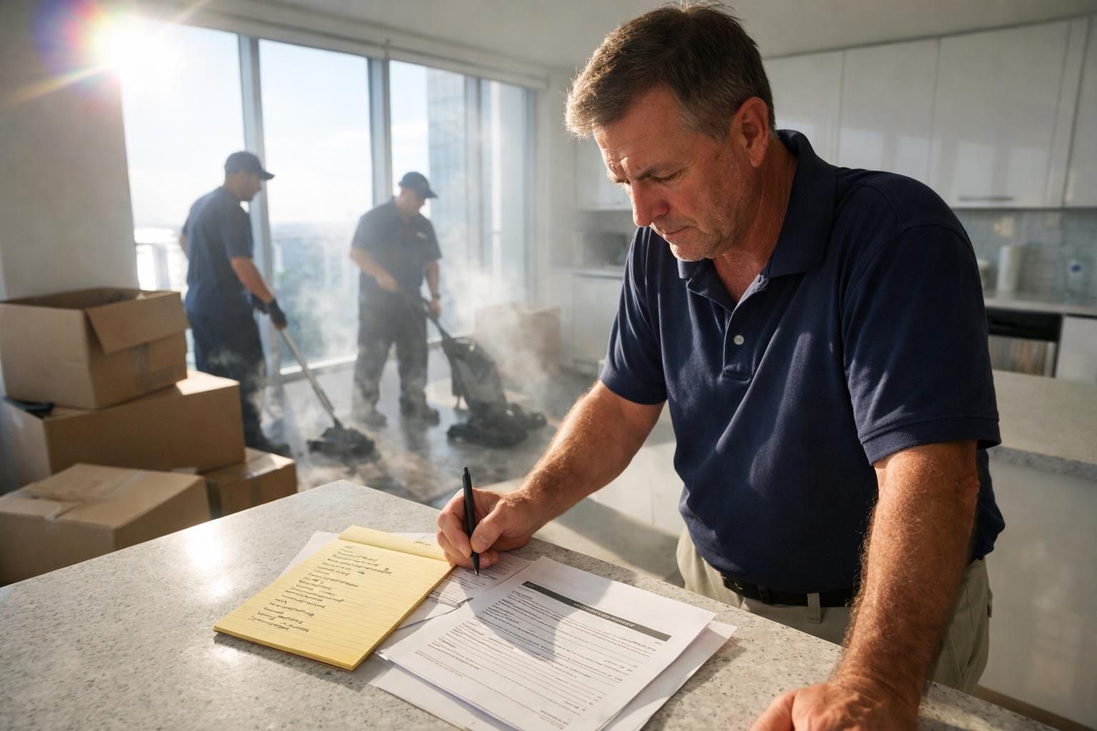 A man reviews paperwork in a Miami high-rise kitchen with workers.