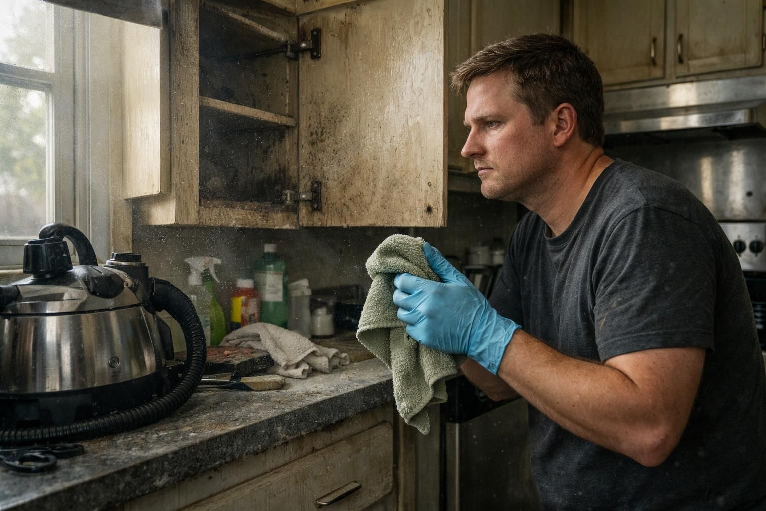 A determined person cleans a cluttered, neglected kitchen cabinet.